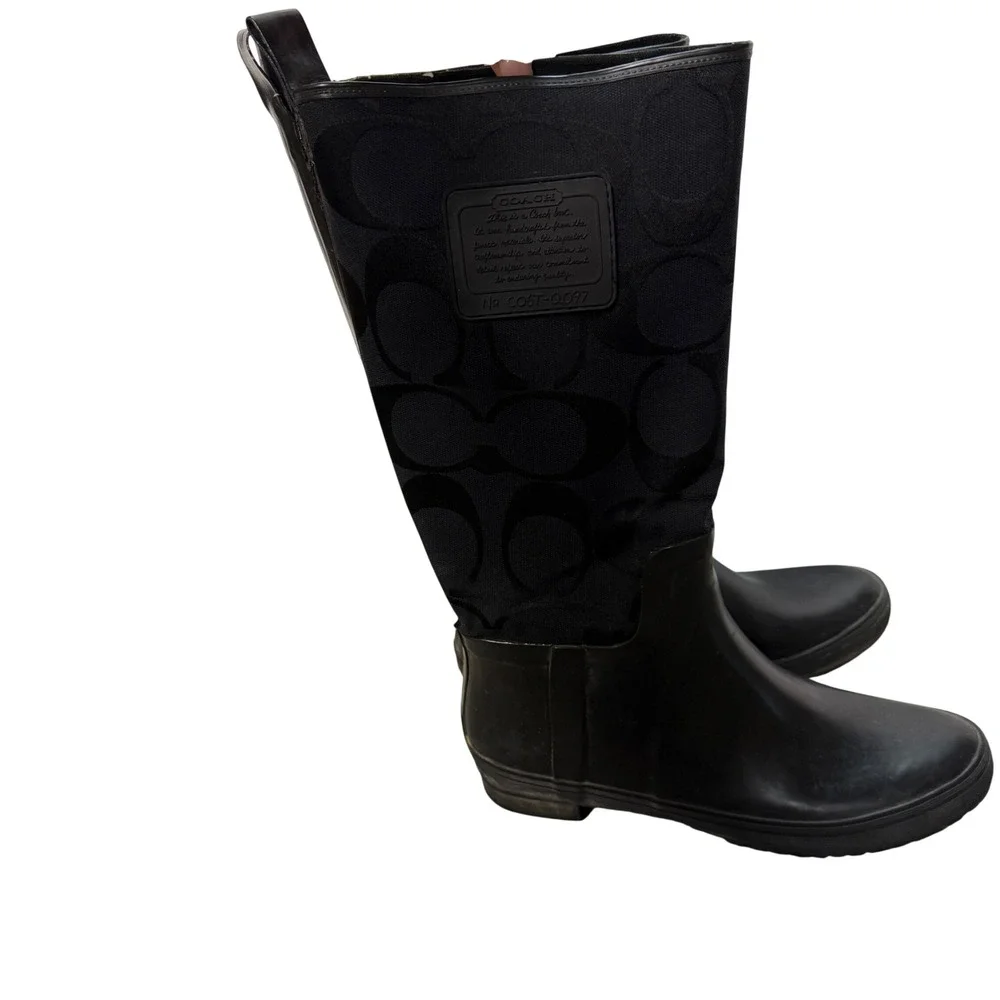 Coach‎ Signature C Monogram Black Rubber Tall Rain Boots Women's Size 9 - Picture 2 of 11